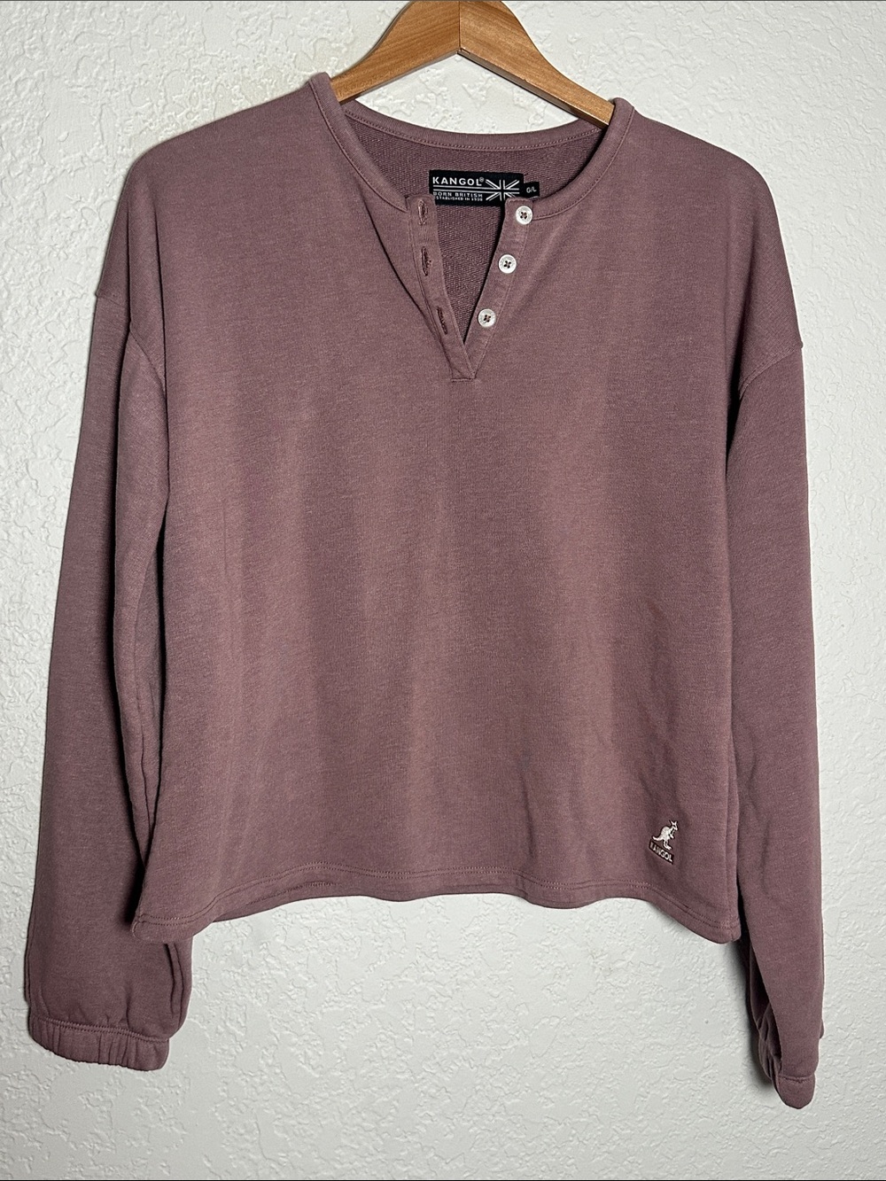 NEW Kangol Dusty Mauve Henley Pullover Sweatshirt Logo Kangaroo Athleisure